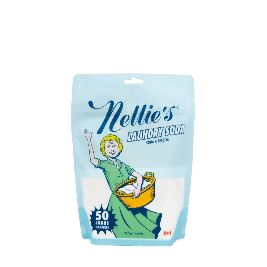 NELLIE'S 50 LOAD laundry soda in a pale blue resealable pouch, with vintage-style artwork and a 50-load badge.