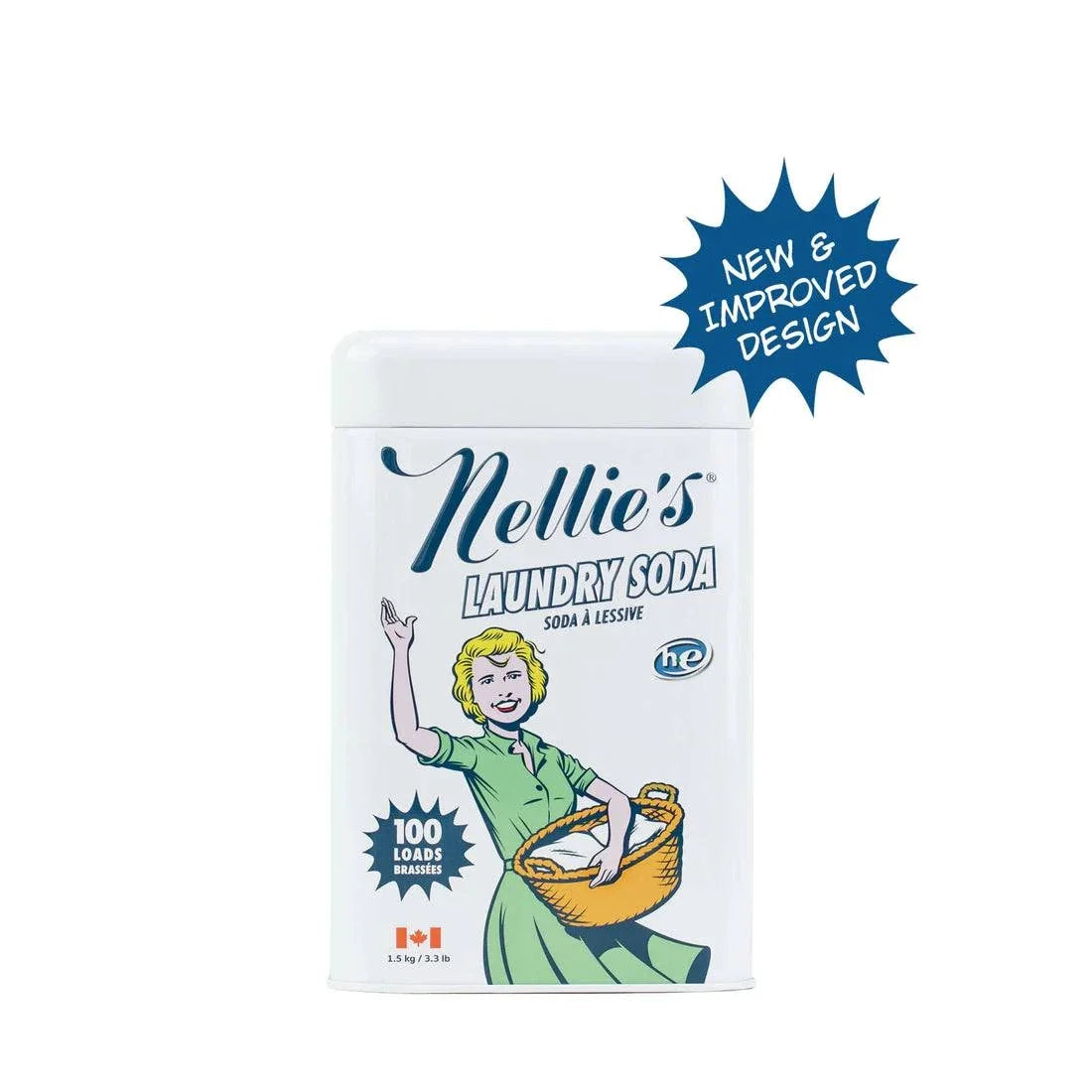 NELLIE'S 100 LOAD LAUNDRY SODA in a white rectangular tin with blue lettering and a vintage illustration of a woman holding a laundry basket.