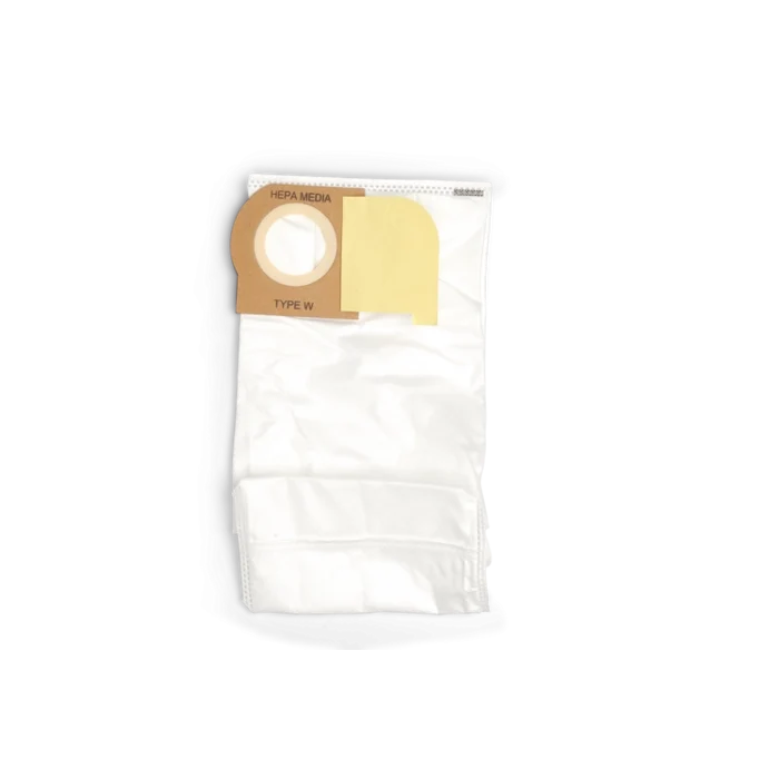 Brilliance HEPA Media Bags are white pleated paper vacuum bags with a tan cardboard collar and circular opening.