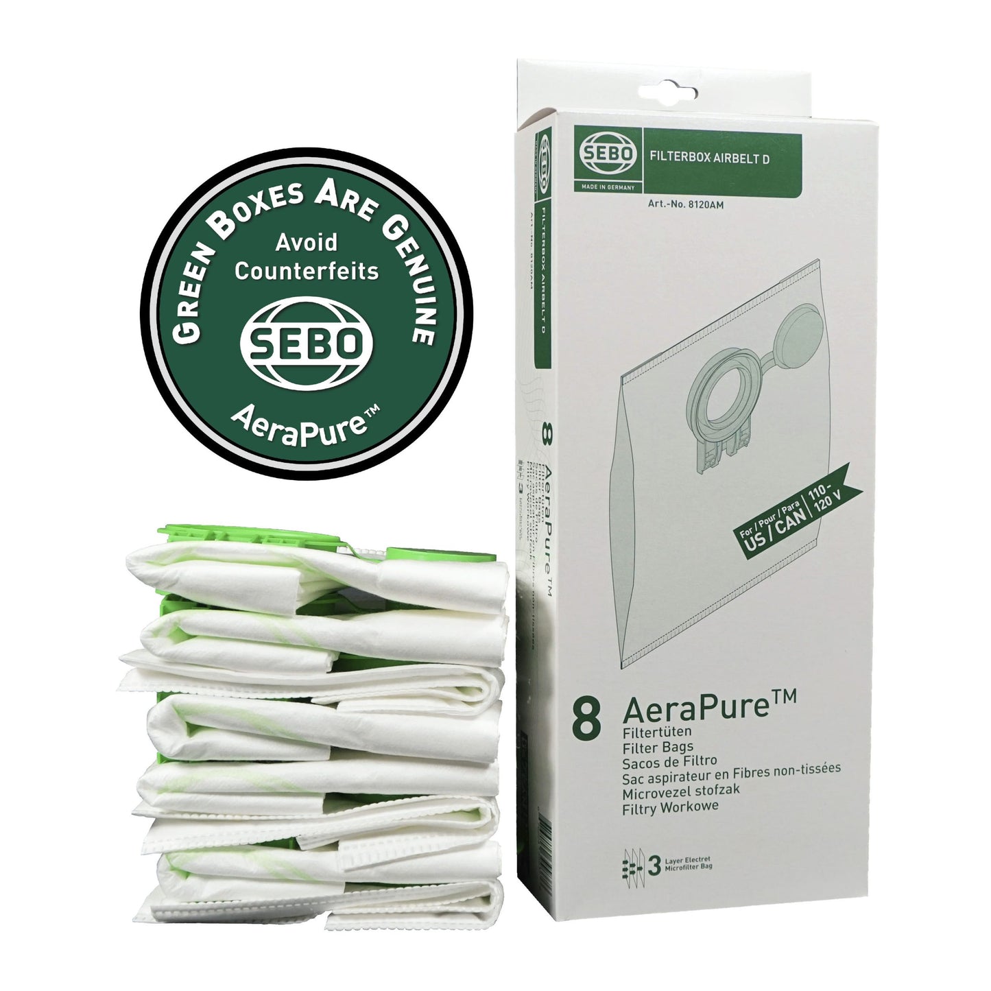 Sebo D4 Model Ultra Filter Bag Box for D Series Vacuum, 8-Pack