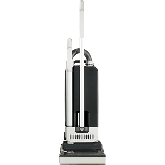 SEBO 300 MECHANICAL upright vacuum with a black canister, white and gray housing, and wide floor-cleaning head.
