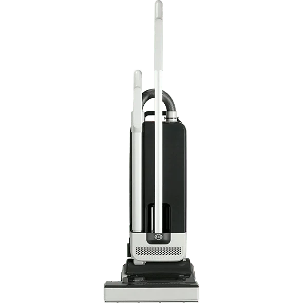SEBO 350 MECHANICAL upright vacuum in white and charcoal, with a metal wand, flexible hose, and wide floor head.