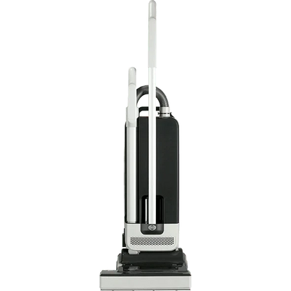 SEBO 350 MECHANICAL upright vacuum in white and charcoal, with a metal wand, flexible hose, and wide floor head.