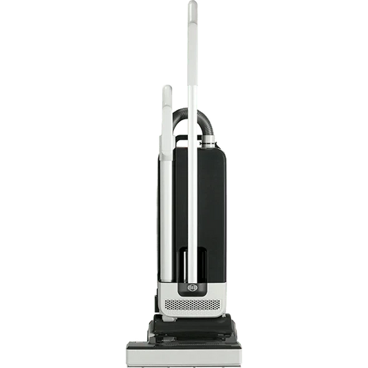 SEBO 350 MECHANICAL upright vacuum in white and charcoal, with a metal wand, flexible hose, and wide floor head.